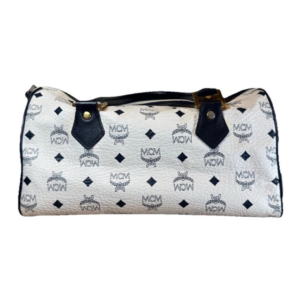 MCM Navy Blue & White Coated Canvas Viestos 2way Boston Bag Auth Vtg - Picture 6 of 16